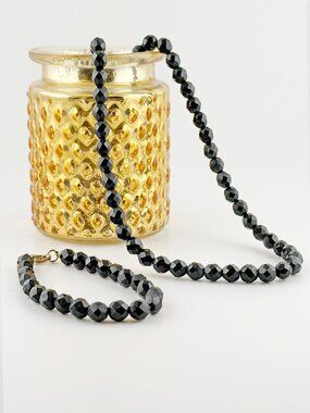 Vintage Faceted Black Bead Necklace & Bracelet Set – French Jet Style